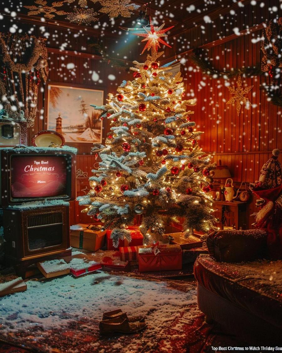 Romantic Christmas Movies Romantic couple watching best Christmas movies by the fireplace with holiday decorations.